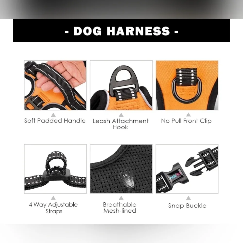PhoePet Orange Reflective No Pull Dog Harness w/ Handle Size Large EUC
